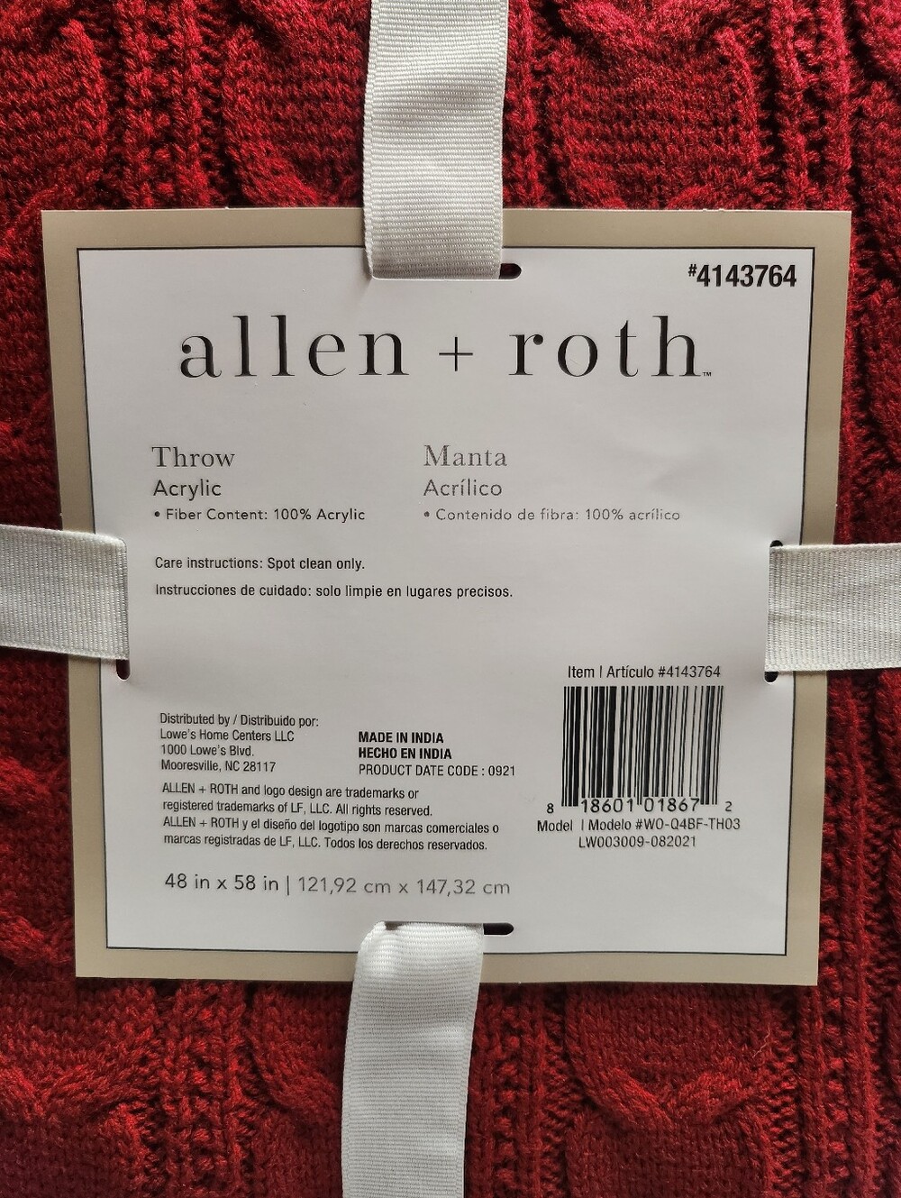 allen + roth Cable Knit Throw Blankets Available In Cream, Gray, Or Red 48X58 In - Picture 10 of 10